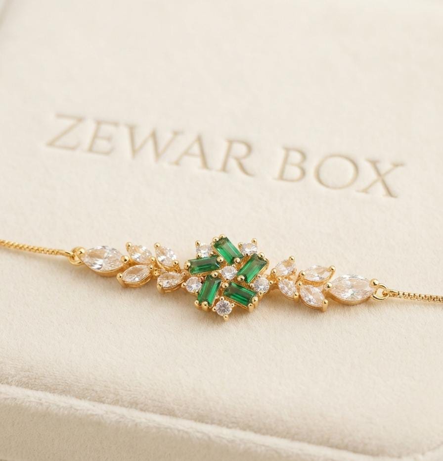 Dainty Gold-Toned Emerald Baguette & Marquise CZ Cluster Bracelet | Zewar Box