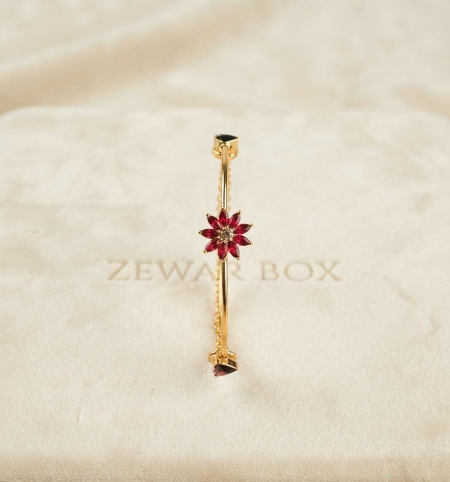 Dainty Gold-Toned Red Flower Bangle with Marquise Stones | Zewar Box