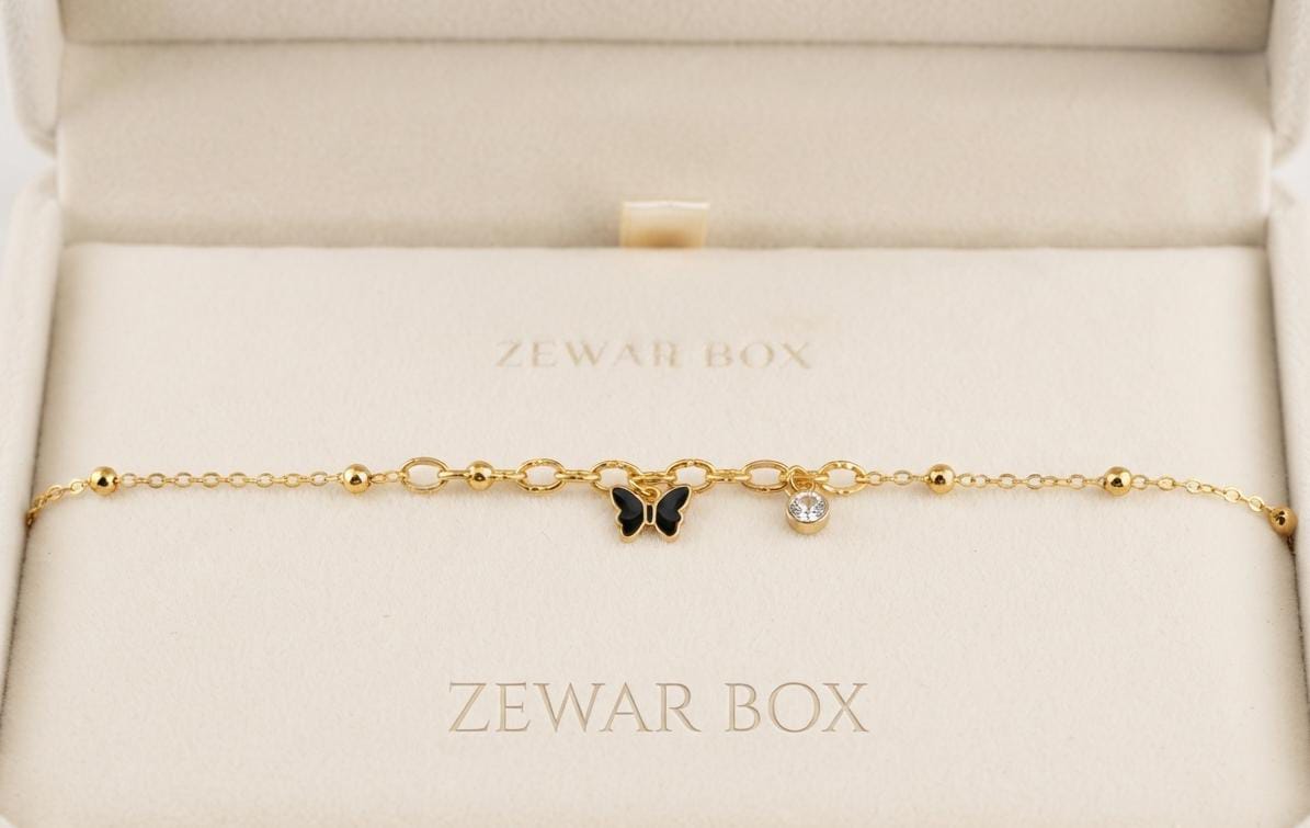 Dainty Black Butterfly & Solitaire Charm Stainless Steel Bracelet | Zewar Box