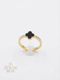 Gold-Plated Black Clover Ring with Crystal Accents