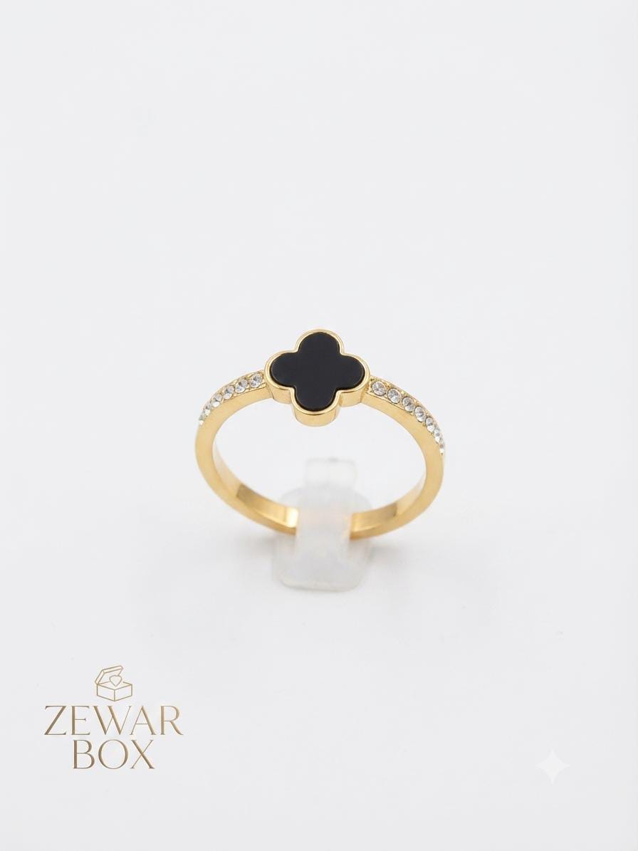 Gold-Plated Black Clover Ring with Crystal Accents