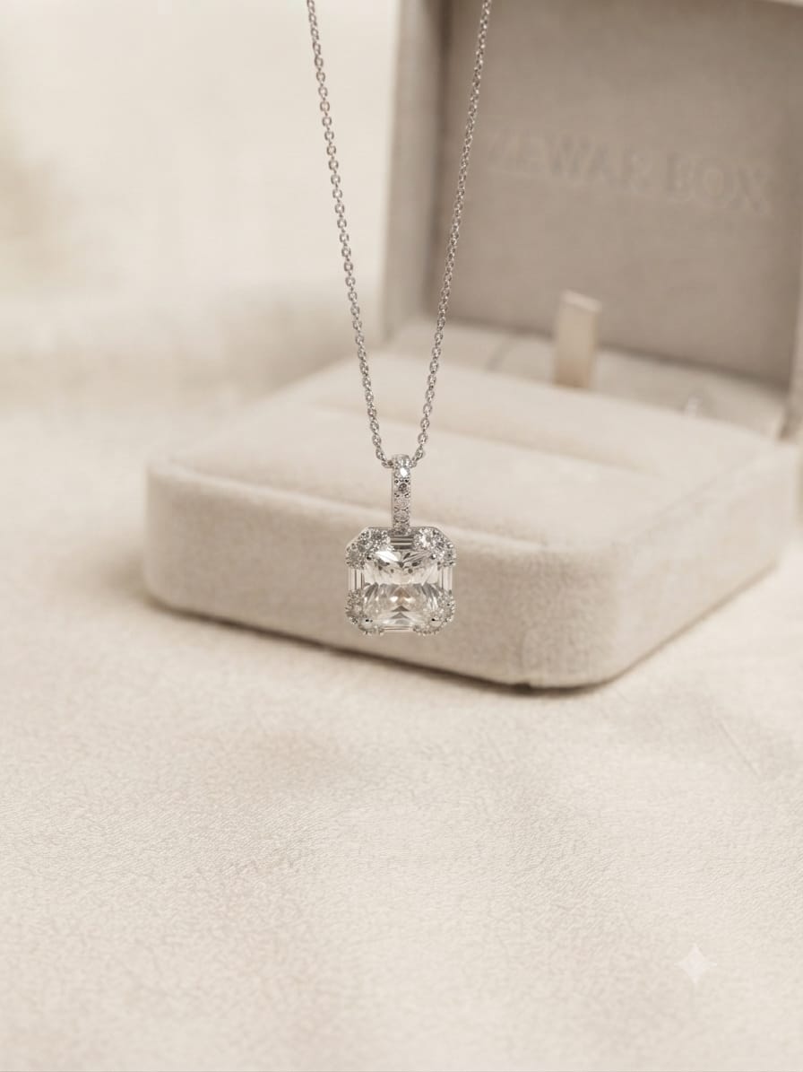 Radiant Solitaire Halo Pendant Necklace in 925 Sterling Silver