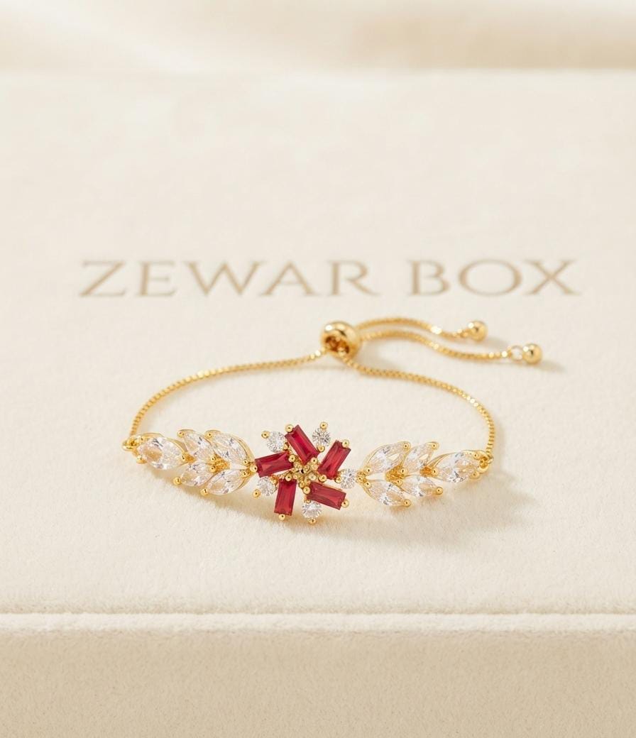 Dainty Gold-Toned Emerald Baguette & Marquise CZ Cluster Bracelet | Zewar Box